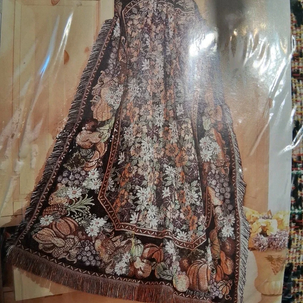 VTG 90s Cottagecore‎ Woven Tapestry Fall Flowers Throw Blanket 50
